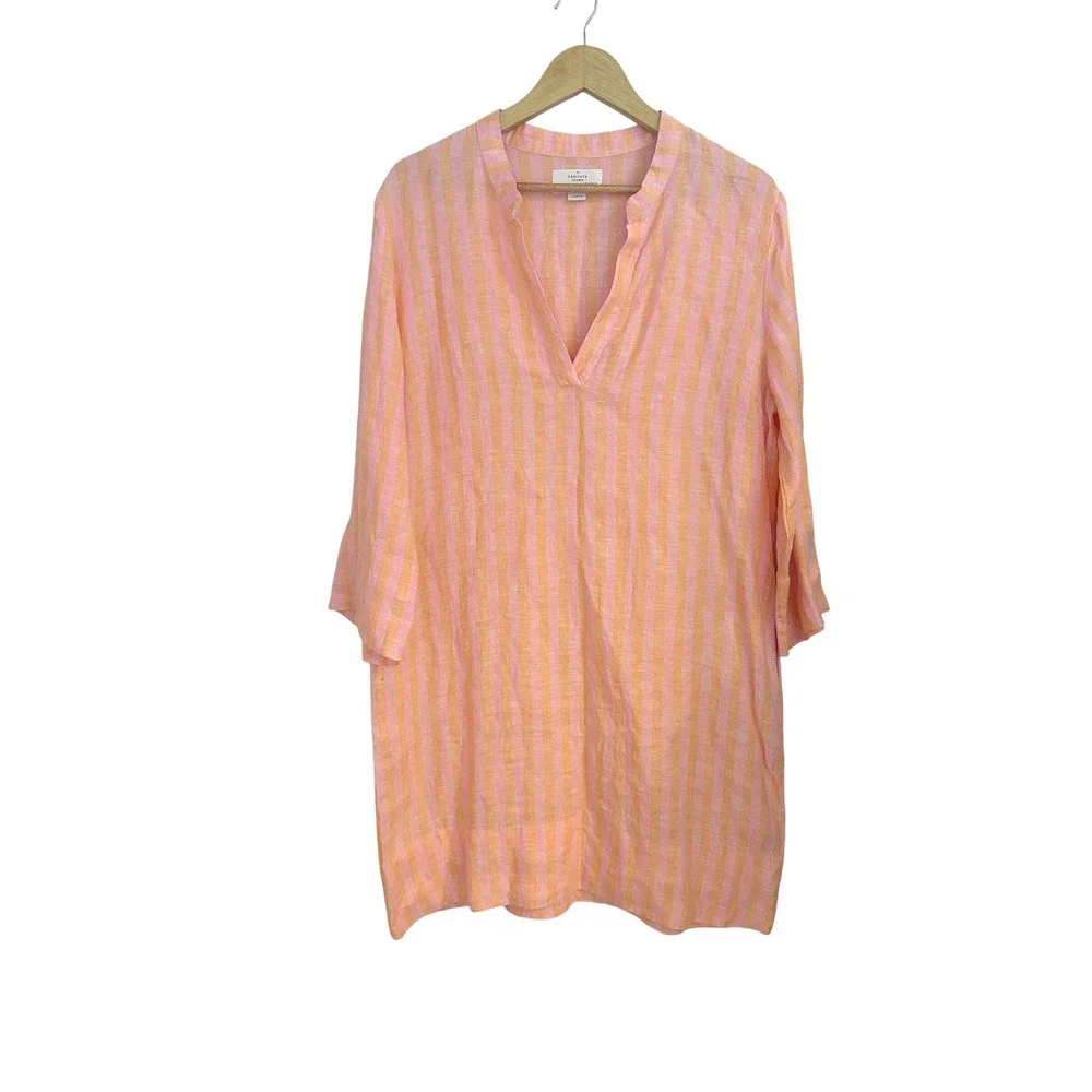 Trovata Birds of Paradis Lucca Linen Shirt Dress Pink Orange Stripe Womens Large